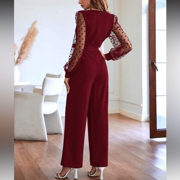 Boho polka dots mesh lantern sleeve belted jumpsuit - Picture 3 of 6